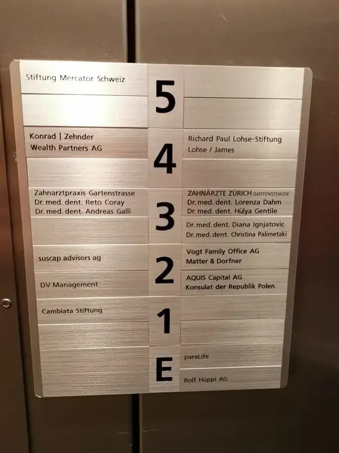Stockwerktafel im Lift mit Firmennamen je Etage